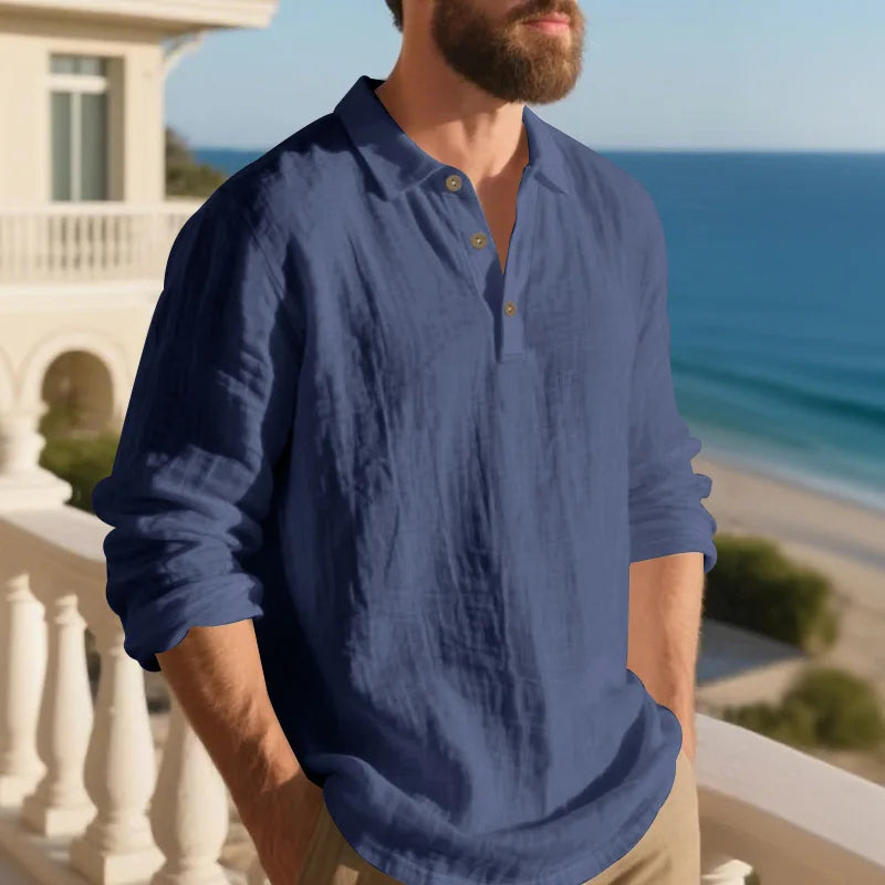 Men’s Linen Polo Shirt – Breathable Loose Fit with Stand-Up Collar, Buttoned V-Neck & Long Sleeves