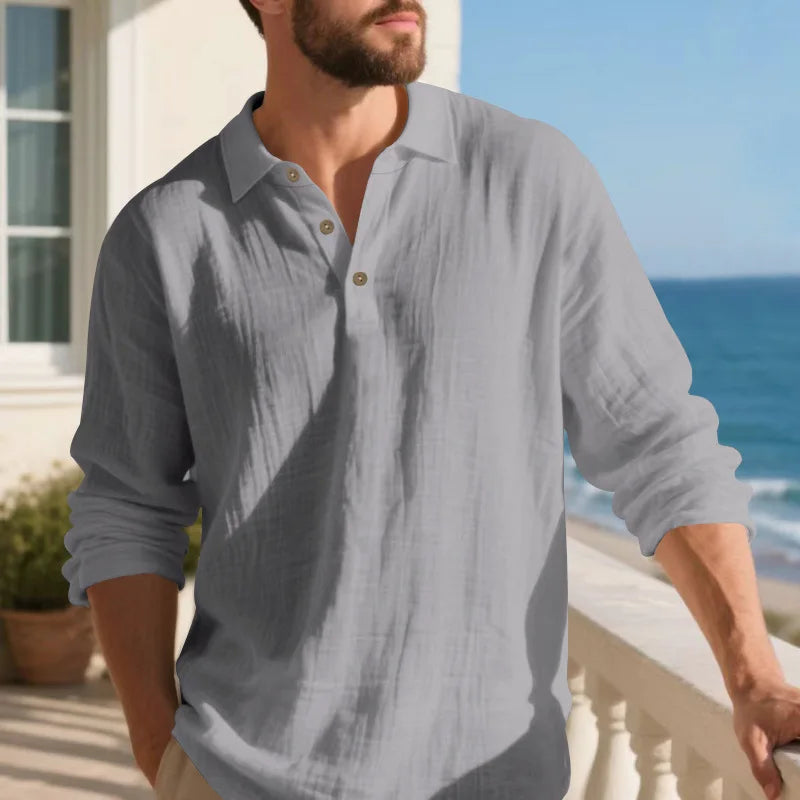 Men’s Linen Polo Shirt – Breathable Loose Fit with Stand-Up Collar, Buttoned V-Neck & Long Sleeves