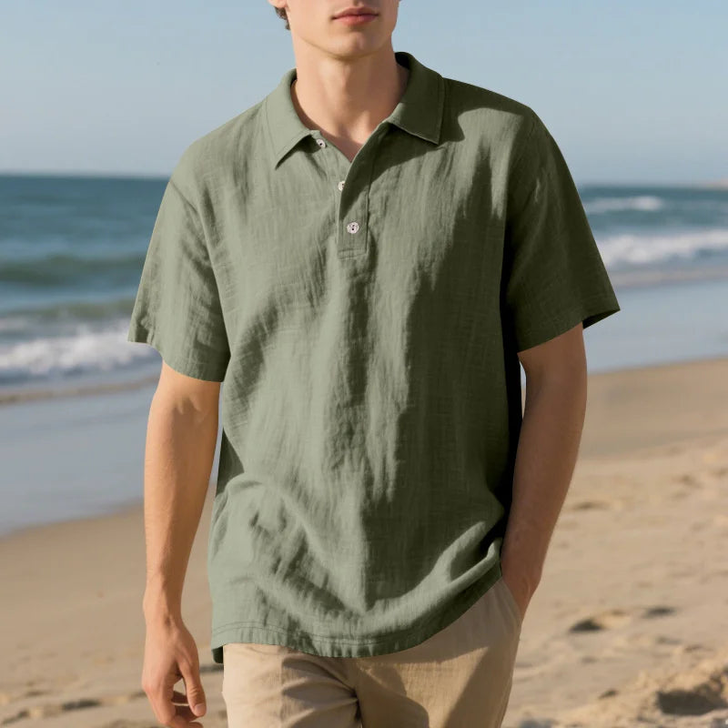 Men’s Breathable Linen Polo Shirt – Classic Short Sleeve with Turn-Down Collar, Buttoned Detail, Solid Colours for Everyday Elegance