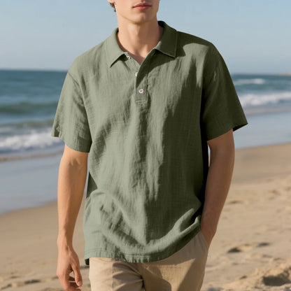 Men’s Breathable Linen Polo Shirt – Classic Short Sleeve with Turn-Down Collar, Buttoned Detail, Solid Colours for Everyday Elegance