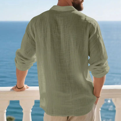 Men’s Linen Polo Shirt – Breathable Loose Fit with Stand-Up Collar, Buttoned V-Neck & Long Sleeves