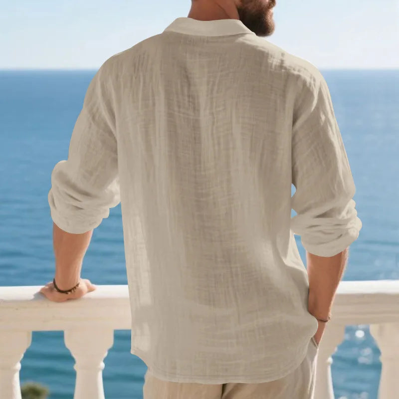 Men’s Linen Polo Shirt – Breathable Loose Fit with Stand-Up Collar, Buttoned V-Neck & Long Sleeves