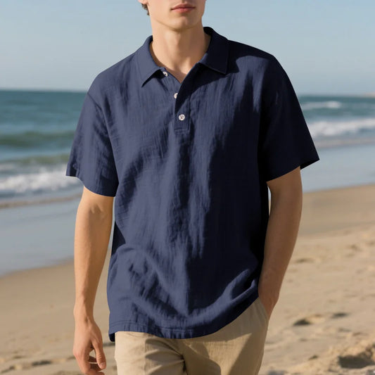 Men’s Breathable Linen Polo Shirt – Classic Short Sleeve with Turn-Down Collar, Buttoned Detail, Solid Colours for Everyday Elegance